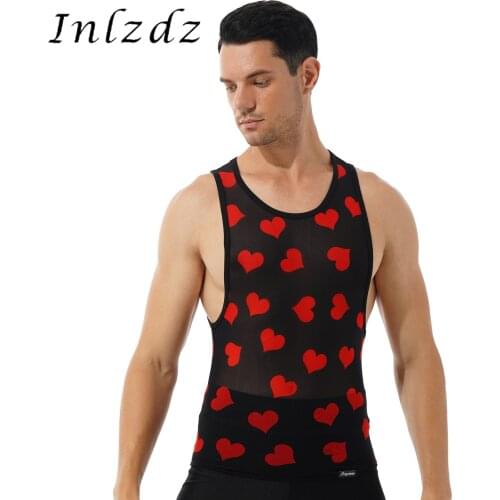 Mens Fashion Transparent Heart Print Tees See-Through Mesh Tank Top Breathable Round Neck Sleeveless Slim Fit T-shirt Vest Tops