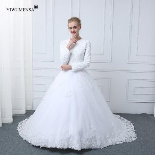 Dubai African White Long Sleeves Muslim Bride Dress For Women Custom Made Lace Appliques Ball Gown Wedding Dresses In Turkey A29