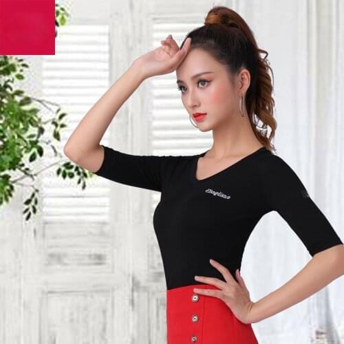 Summer Adult Latin Dance Top Short Sleeve V-neck Shirt Female Standard Ballroom Dance Costume Performance Practice Clothing