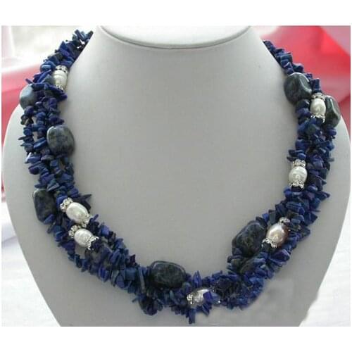 Unique Pearls jewellery Store Huge 4row 19'' Lapis Rice Freshwater Cultured Pearl Necklace Fine Jewelry Women Gift