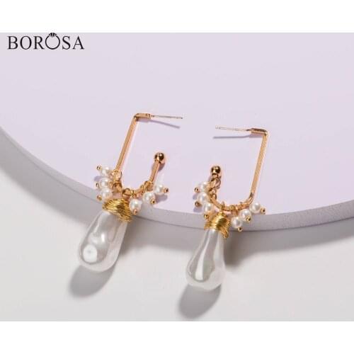 Handmade Natural Pearl Wire Wrapped Dangle Earrings Women Fashion Gold Metal Pearl Beads Drop Earrings Wedding Jewelry WX1667