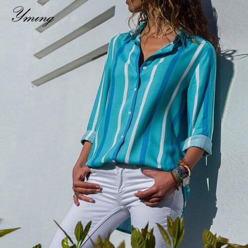 Yming Chiffon Women Blouse Boho Striped Print Casual Ladies Tops Turn Down Collar Shirts Office Long Sleeve Tunic Party Shirt