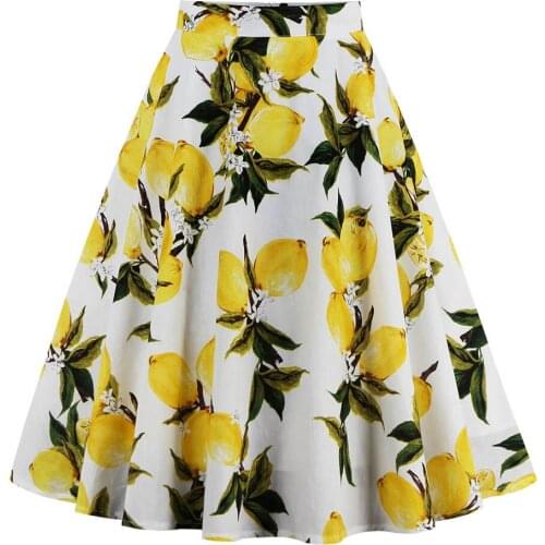 Women Cotton Print Skirts Yellow Lemon Printed High Waist 50s Swing Midi Skirts Female School Summer Skirt