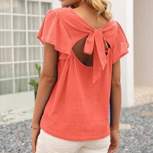 Woman Casual Back Hollow Out Bow Tie Solid Short T Shirt Lotus Sleeve Basic T-shirt Yellow Black Tshirt Top Tees 2021 Summer New