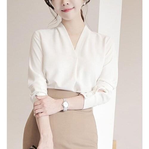 Women Blouse Chiffon Spring Autumn Summer Professional Loose Top V-neck White Shirt Blusas Mujer De Moda