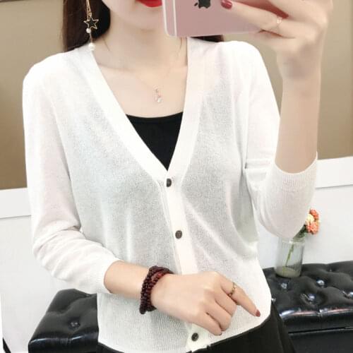 Women 2021 Summer Fashion V-neck Ice Silk Shirts Female Slim Knitted Cardigan Tops Ladies Short Thin Sunscreen Blouses L105