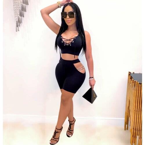 2020 High Quality New Design 2 pcs Women Set Solid Bandage V-neck Tank And Shorts Summer Sexy Outfits