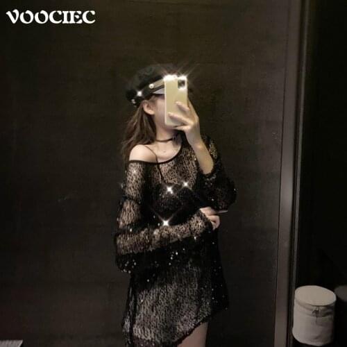VOOCIEC Sexy Sequin dress Korean temperament female star Night club party shiny transparent dress Slim short Sun proof dress