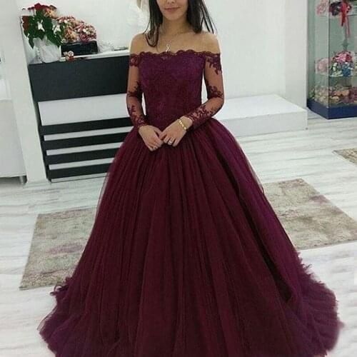 Burgundy Long Sleeve Quinceanera Dresses Ball Gown Off Shoulder Prom Debutante Sixteen 15 Sweet 16 Dress vestidos de 15 anos