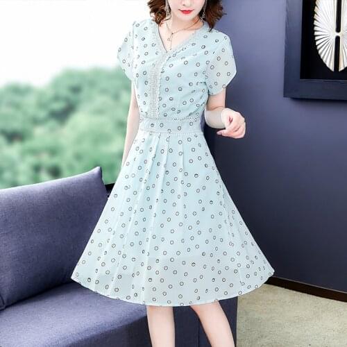 2021 Vintage Green Dot Chiffon Midi Dresses Spring Summer 2XL Plus Size Print Runway Dress Elegant Women Bodycon Party Vestidos