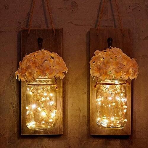 2Pack Mason Jar Wall Sconce Light with Faux Hydrangea Flower Accent
