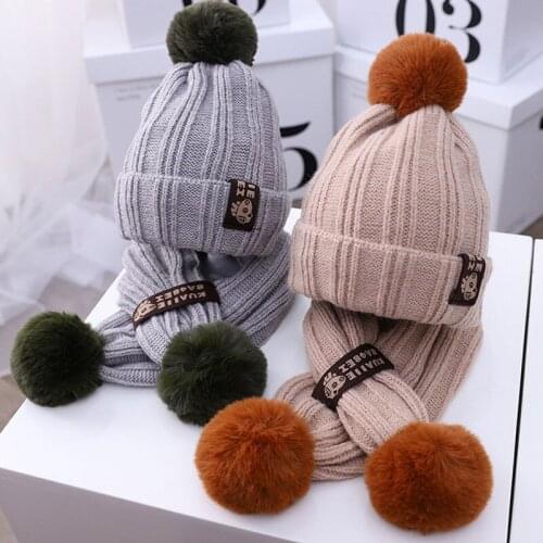 Child Thick Cable Knit Hat Scarf For Kids 2020 Winter Warm Add Velvet Beanies Hat Scarves 1-4T Girl Boy Patch Pom Pom Cap Unisex