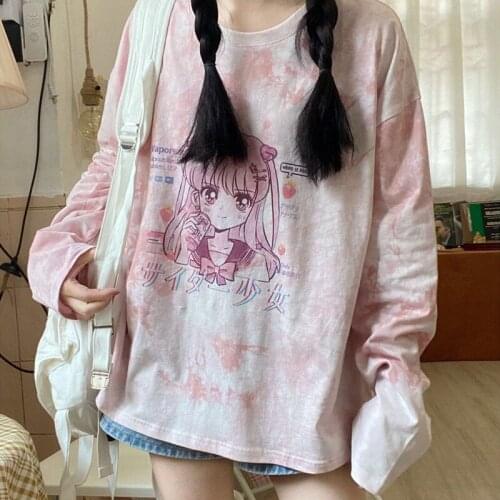 Sweet Girl Japanese Cute Kawaii Girl Anime T-Shirt Gothic Primary Punk Preppy Style Anime Cosplay Pink Girl Long Sleeve T-Shirt