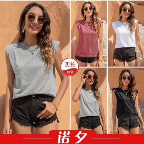 Summer T Shirt Women 2021 New womens Clothing Collar Leisure Pure Color Sleeveless T-shirt Shoulder Harajuku Tshirt LHX1830