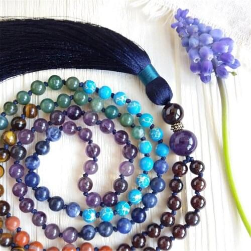 6mm Color 7 Chakra Stone Gemstone 108 Beads Mala Tassel Necklace Classic Prayer Spiritua Japa Spirituality