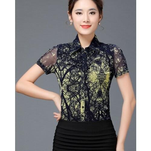 Summer Casual Womans Painted Floral Pattern Short Sleeve Mesh Blouse , Shirt For Women , Female Slim 4XL Stretch Blouses Shirts