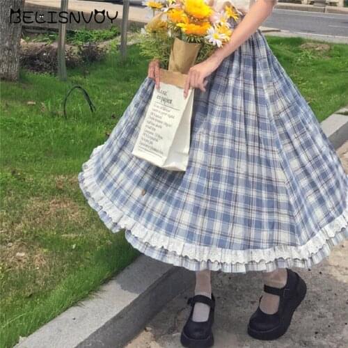 Japanese Preppy Style Summer Women Skirt High Waist Vintage Plaid Skirt Elegant Ruffles Ulzzang Cute Kawaii Midi Lolita Skirts