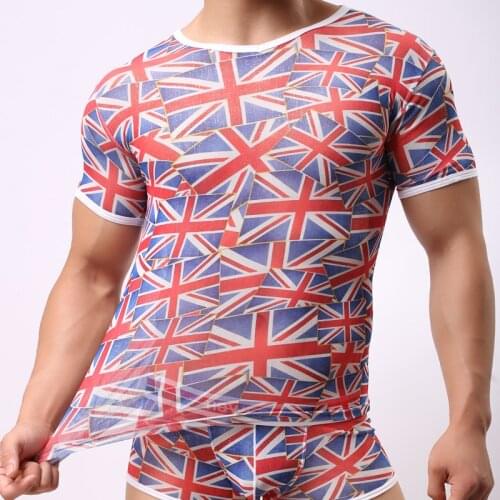 Men Mesh Short Sleeves Summer National Flag Print Transparent Hombre Man Print Sexy Fitness Undershirt Tight Fitting T-shirt