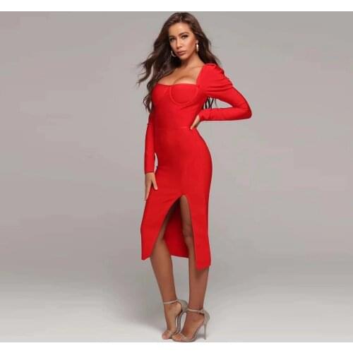 2020 New Summer Sexy Bandage Dress Red Long Sleeve V neck Sheath Mid-Calf Elegant Club Runway Party Vestidos Good Quality Dress