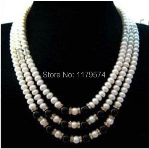 Fashion 7--8mm 3Rows White Pearl and Black Agates Beads Necklace Making Design Woman Girl Wedding Christmas Gift Wholesale Price