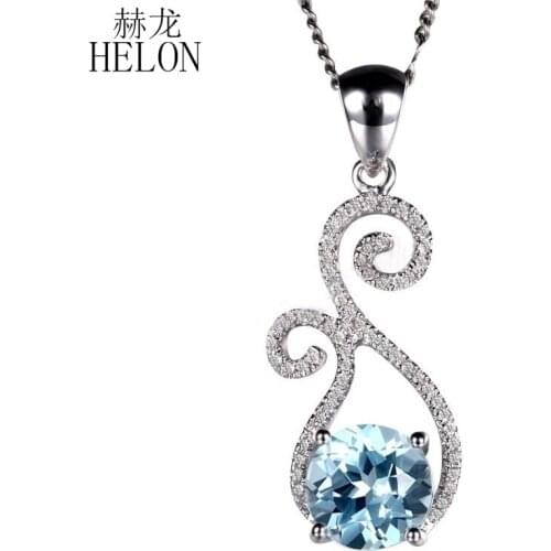 HELON Solid 14K White Gold Flawless 2.3ct Genuine Sky Blue Topaz Diamonds Pendant For Women Valentines Day Gift Fine Jewelry