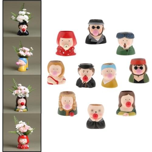 Resin Head Design Succulents Plant Pot Cartoon Cactus Planter Style J