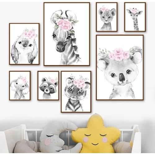 Cute Pink Flower Head Small Animal Poster Elephant Giraffe Sheep Rabbit Modern Home Childrens Room Study Decoration Painting