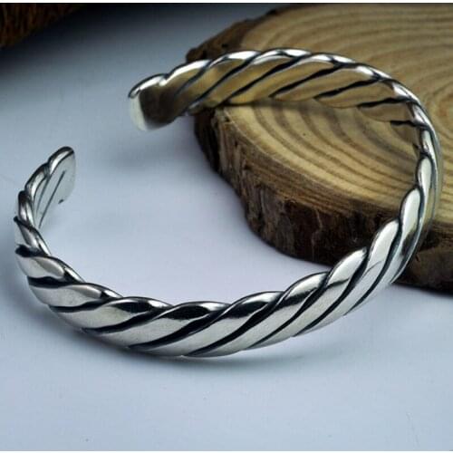 Real Solid 925 Sterling Silver Cuff Bracelet Braided Mens Womens A5070