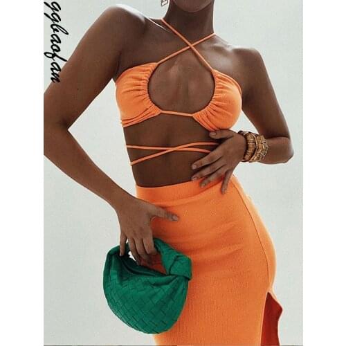 Ggbaofan Sexy Bandage Cut Out Halter Neck Top and Skirts Set Gathered Elegant Club Outfits Split Two Piece Set 2021 Summer
