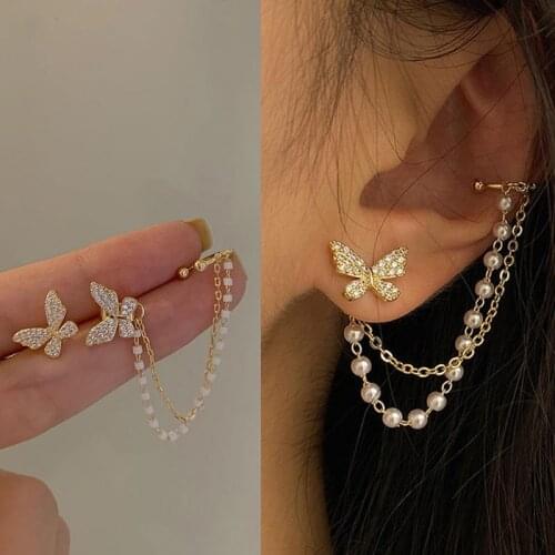 Korean Elegant Cute Rhinestone Butterfly Stud Earrings For Women Girls Fashion Metal Chain Boucle D'oreille Jewelry Gifts