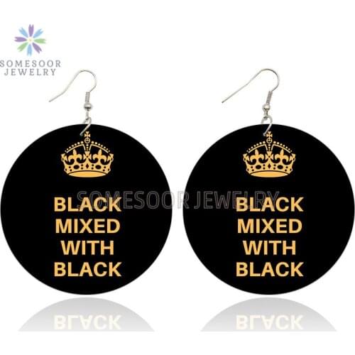 SOMESOOR Black Mixed With Black Queen Crown Design Wooden Drop Earrings Inspire Sayings Both Side Print Ear Loops For Women Gift