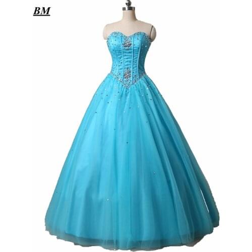 2019 Stock Blue Tulle Quinceanera Dresses Ball Gown Beaded Sweet 16 Dresses Formal Prom Party Gown Vestido De 15 Anos BM59
