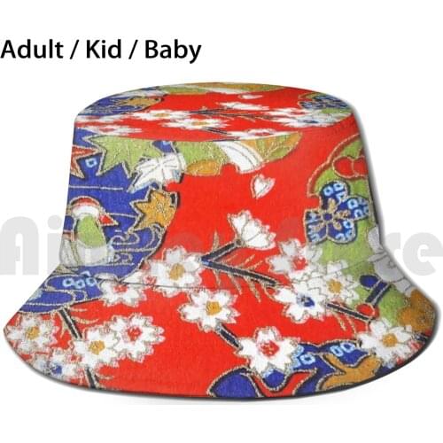 Japanese Floral Motif White Blue Birds Red Background Sun Hat Foldable UV Protection Japanese Motif Floral Asian
