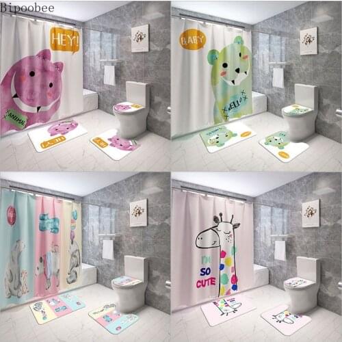 Bipoobee Lovely Funny Animal Fabric Shower Curtains Bathroom Curtain Set 3d Print Toilet Cover Mat Non-Slip Bath Rug Sets