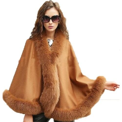 Ladys Genuine Real Cashmere Genuine Fox Fur Women Brown Coat Cloak Poncho/Shawl//Cape Wraps