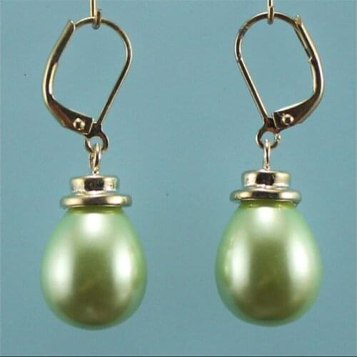Womens fashion simple gold plated 12x16mm emerald green shell pearl Water Drop Earrings