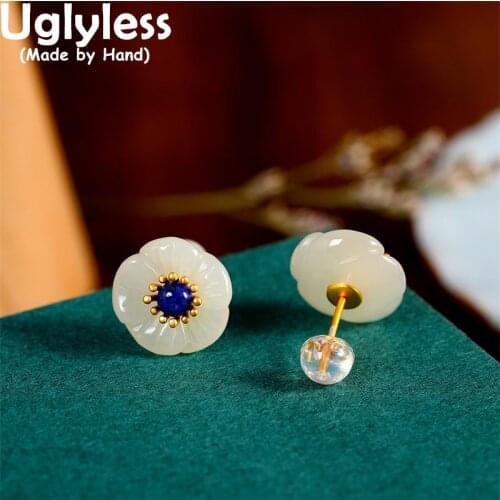 Uglyless Natural Shell Plum Blossom Earrings for Women Agate Lapis Turquoise Studs Earrings Real 925 Silver Floral Jewelry E1459
