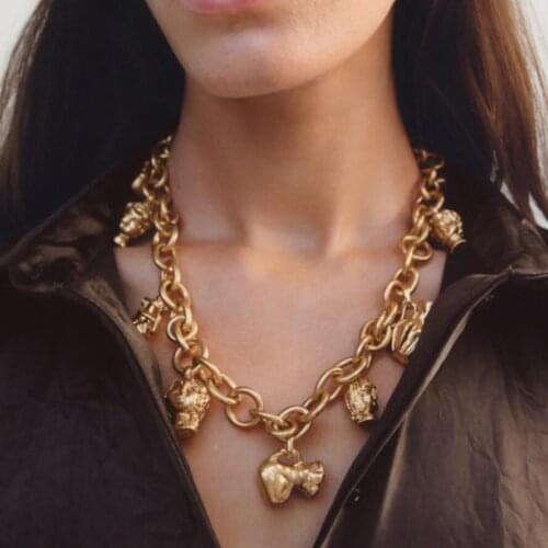 2021 New ZA Choker Necklace Women Golden Link Chain Face Vase Shape Pendants Decoration Necklace Vintage Statement Necklace