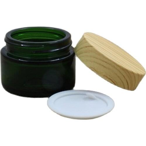 15Pieces Empty Green Glass Cosmetic Cream Refillable Bottle Packaging Container Eye Cream Jar False Wood Plastic Lid 50G 30G