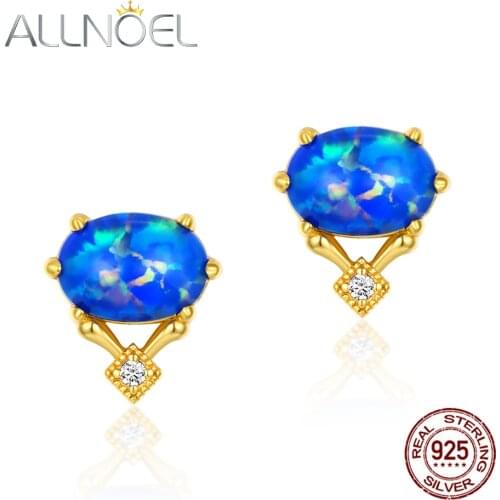 ALLNOEL Solid 925 Sterling Silver Earrings Oval Synthetic Opal Zircon Diamond Stud Earrings Fine Jewelry New Gift Shipping