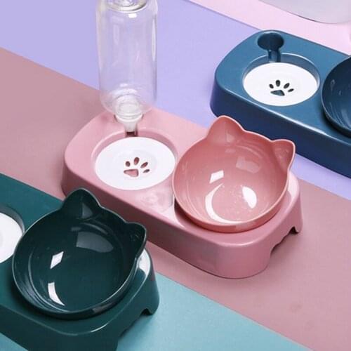 Pet Double Dog Bowl Automatic Drinking and Eating Cat Water Dispenser Anti Overturning Rice Bowl