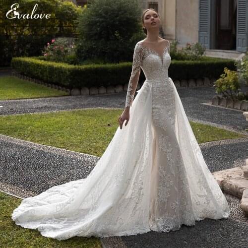 EVALOVE Glamorous Lace Appliques Detachable Train Mermaid Wedding Dress Luxury Scoop Neck Beaded Long Sleeve Trumpet Bridal Gown