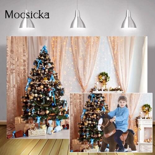 Christmas Living Room Fireplace Portrait Backdrop Glitter Curtain Christmas Tree Gift Background Winter Birthday Art Props Photo