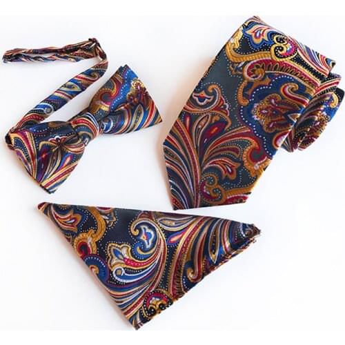 Model design with polyester 8cm necktie bow tie and pocket square three-piece set for mens gifts