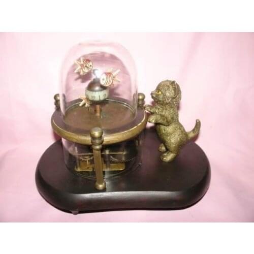 Chinese Old Vintage Works Wonderful fish-pot glass machine clock with cute cat 7.5# decoration brass factory outlets