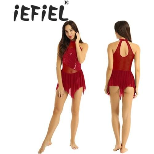Sleeveless Shiny Sequins Women Female Adults Halter Neck Bodice Mesh Splice Irregular Ballet Dance Gymnastics Leotard Tutu Dress