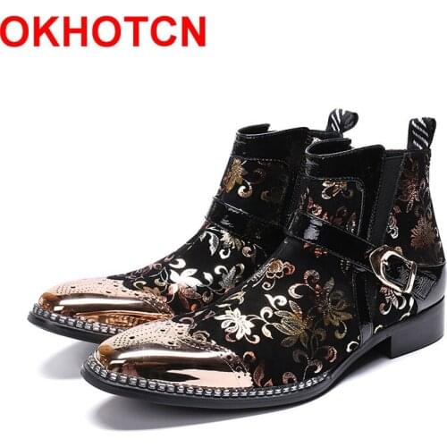 2019 High Top Handmade Cowboy Shoes Printing Men Chelsea Boot Pointed Toe Metal Buckle Men Leather Boots Side Zip Dress Boots