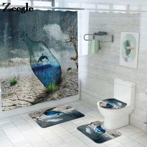 Bath Mat and Waterproof Shower Curtain Set Anti-slip Bathroom Foot Mat Microfiber Toilet Mat Absorbent U-Shaped Toilet Rug Set