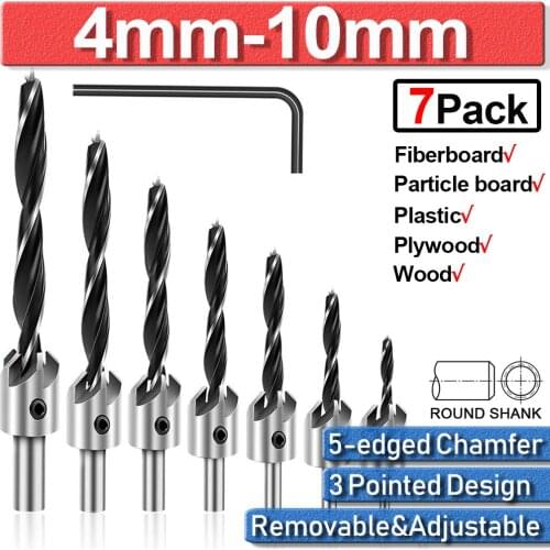 7pcs 3-10mm Carpentry Countersink Drill Bit Set Round Shank HSS High Speed Steel Carpentry Set Woodworking Pilot Screw Holes D30