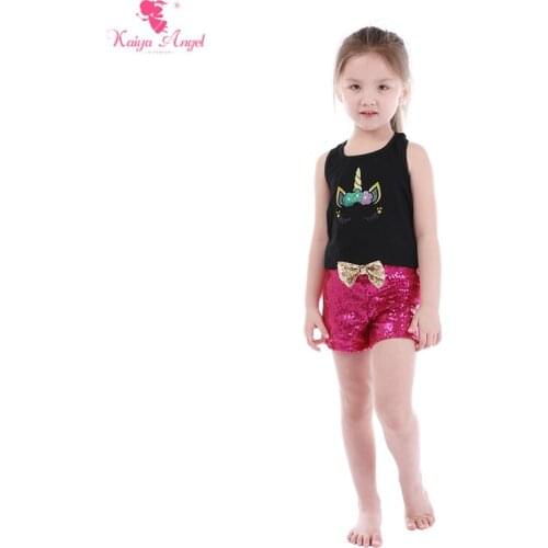 Kaiya Angel Unicorn Outfits Golden Bow Black cotton Rose Red Sequins Toddler Girls Summer Clothing Cute Boutique Kids Set
